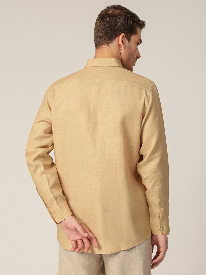 Beige: Spread Collar Casual Linen Shirt