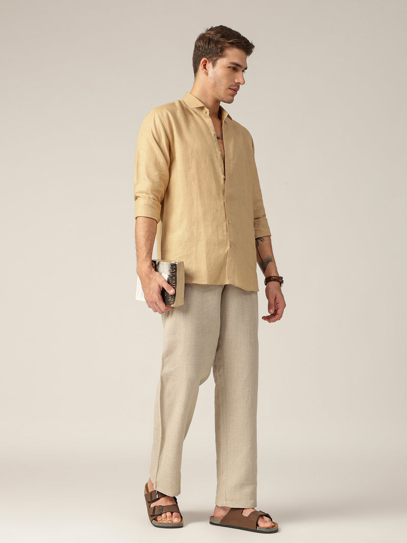 Beige: Spread Collar Casual Linen Shirt