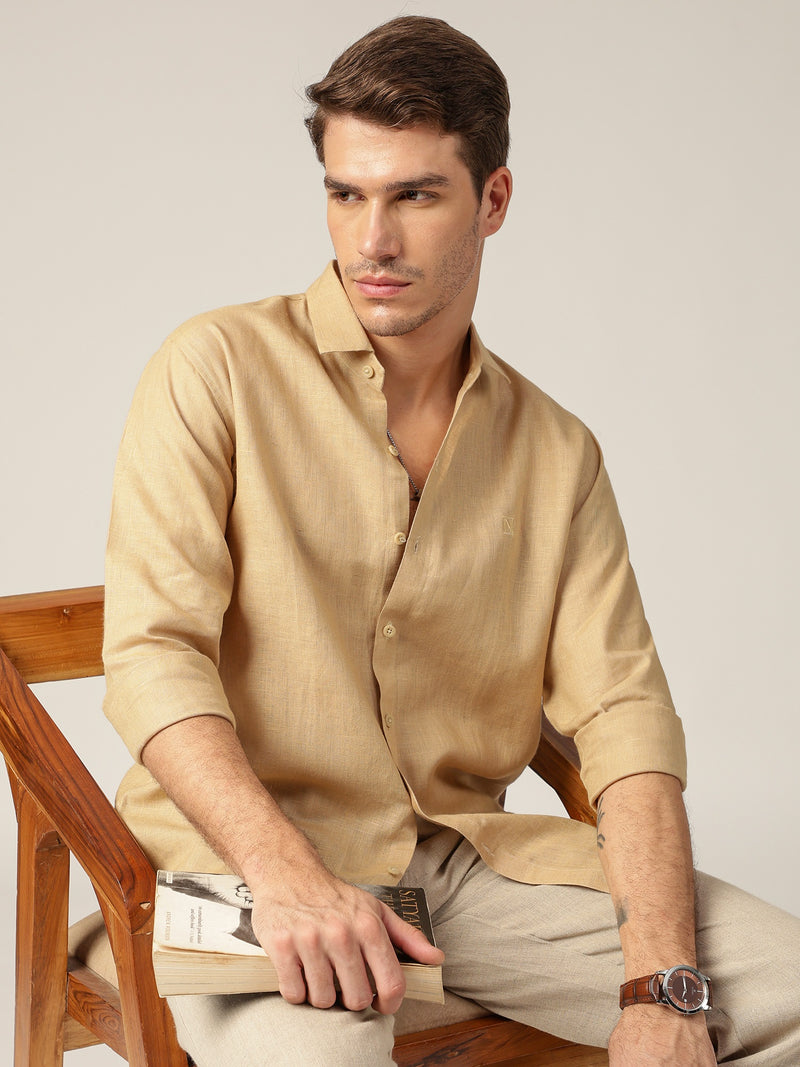 Beige: Spread Collar Casual Linen Shirt