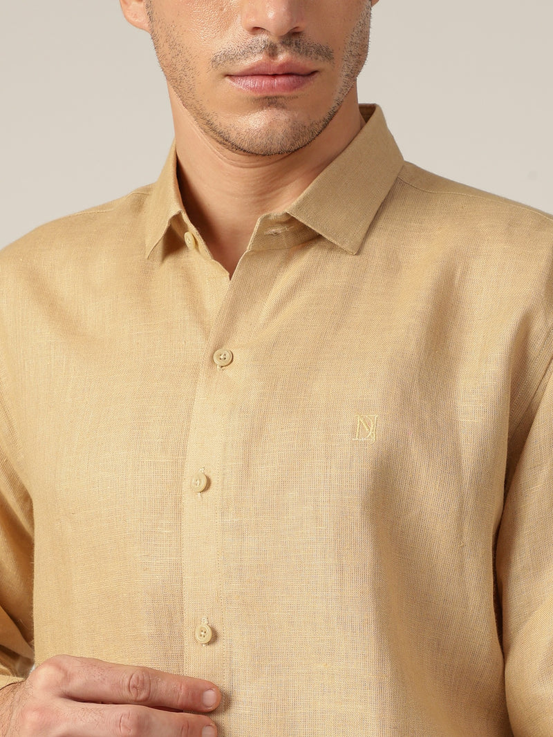 Beige: Spread Collar Casual Linen Shirt