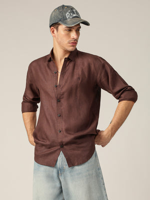 Brown: Spread Collar Casual Linen Shirt
