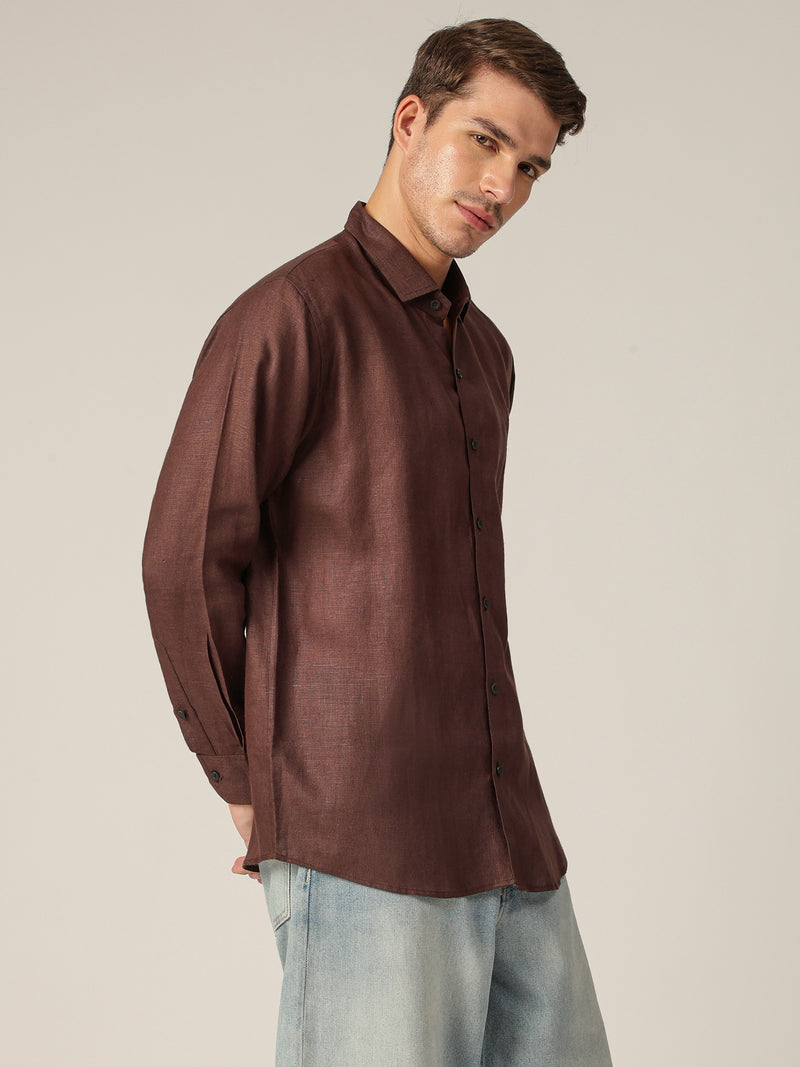 Brown: Spread Collar Casual Linen Shirt