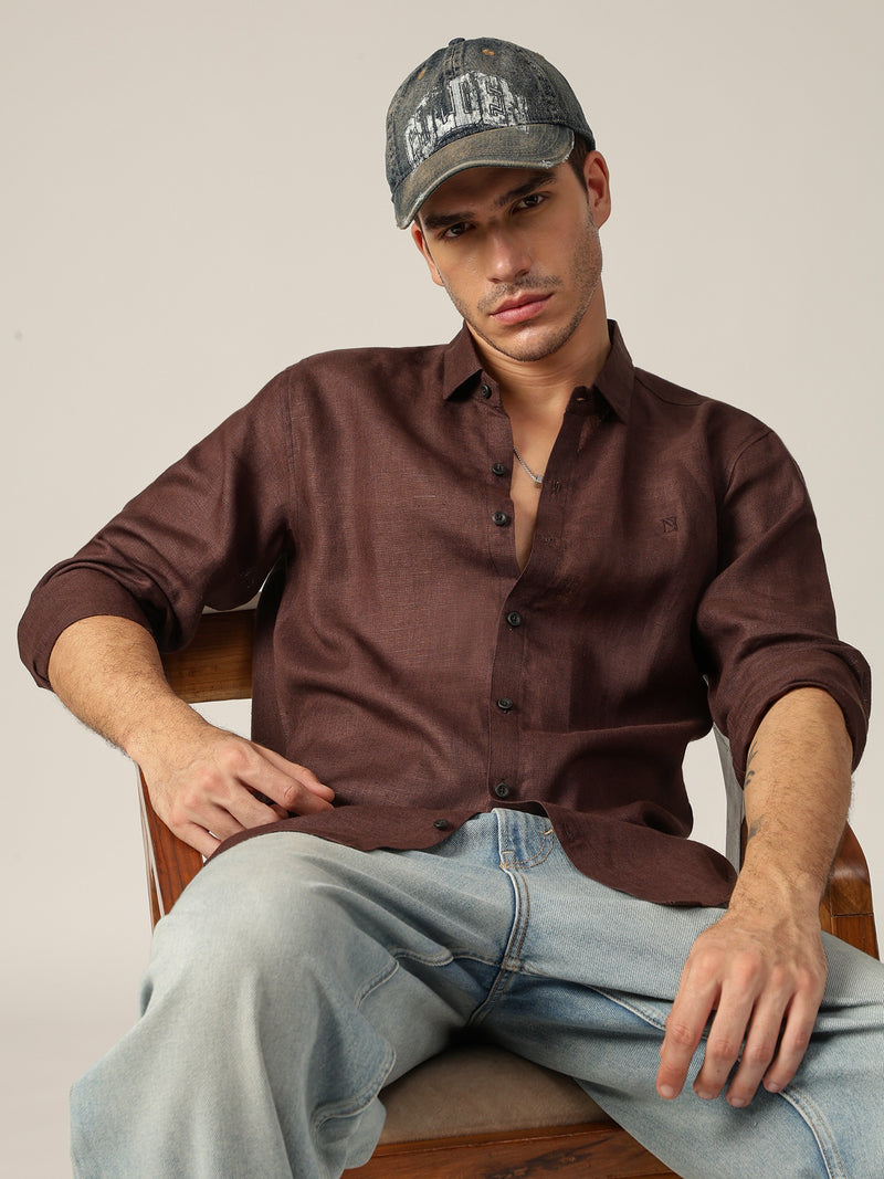Brown: Spread Collar Casual Linen Shirt