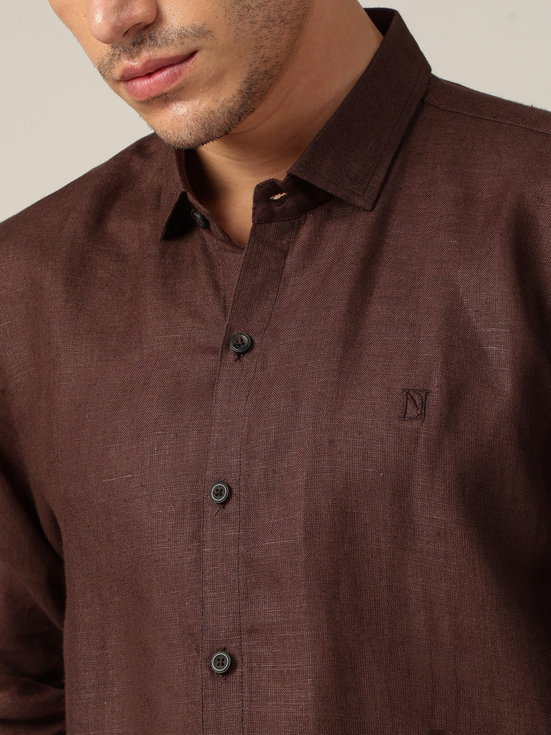 Brown: Spread Collar Casual Linen Shirt