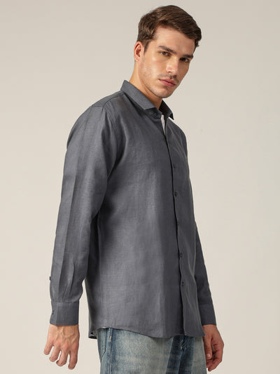 Bluish Grey: Spread Collar Casual Linen Shirt