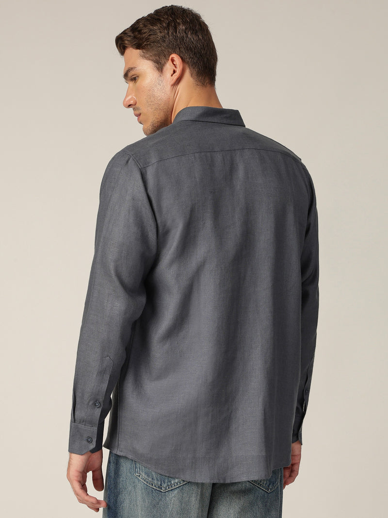 Bluish Grey: Spread Collar Casual Linen Shirt