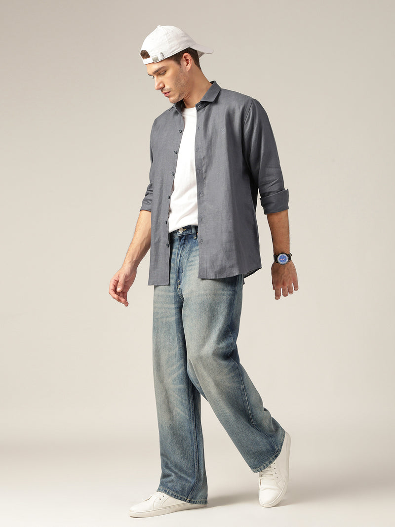 Bluish Grey: Spread Collar Casual Linen Shirt