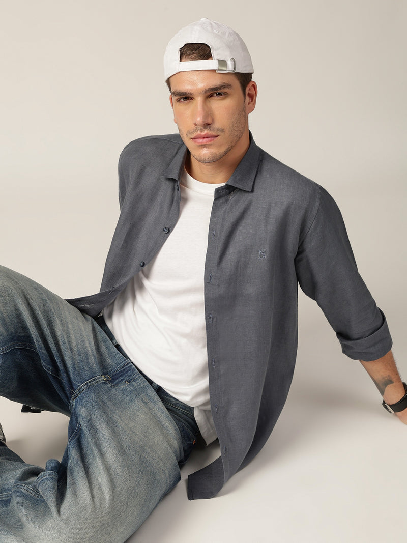 Bluish Grey: Spread Collar Casual Linen Shirt