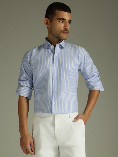 Sky Blue & White: Vertical Stripes Formal Shirt