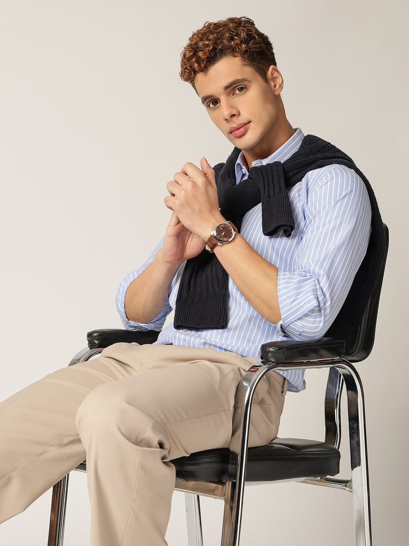Sky Blue & White: Vertical Stripes Formal Shirt