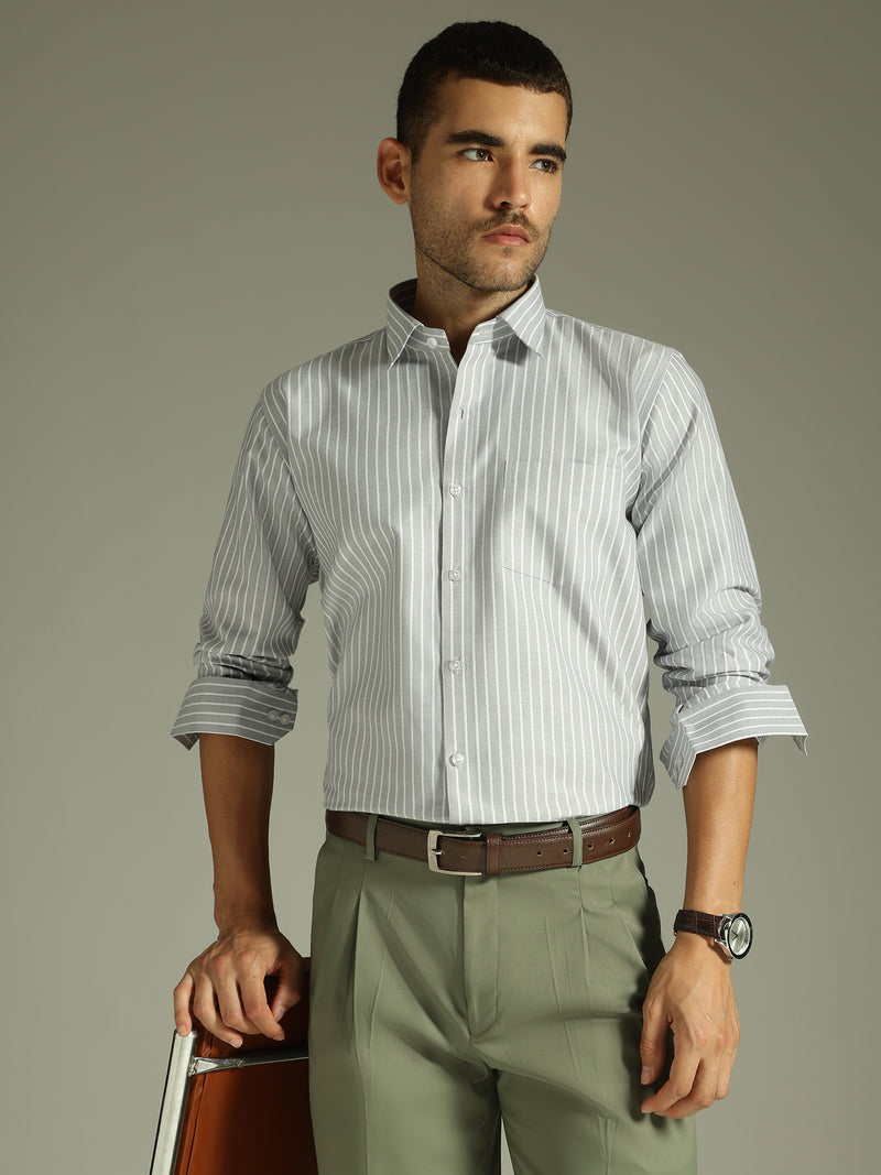Grey & White: Vertical Stripes Formal Shirt