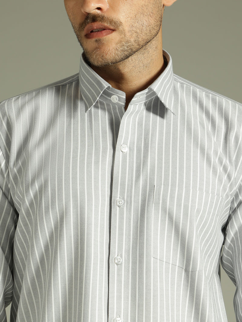 Grey & White: Vertical Stripes Formal Shirt