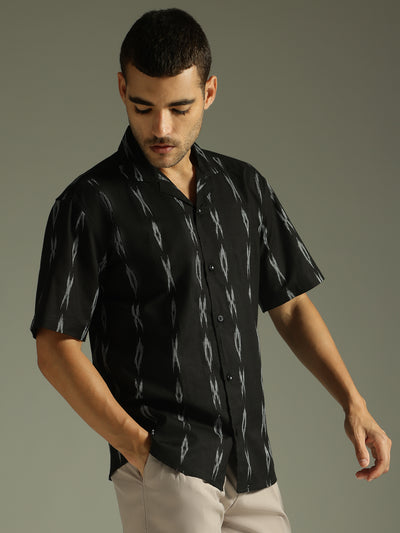 Black: Ikat Embroidered Casual Shirt