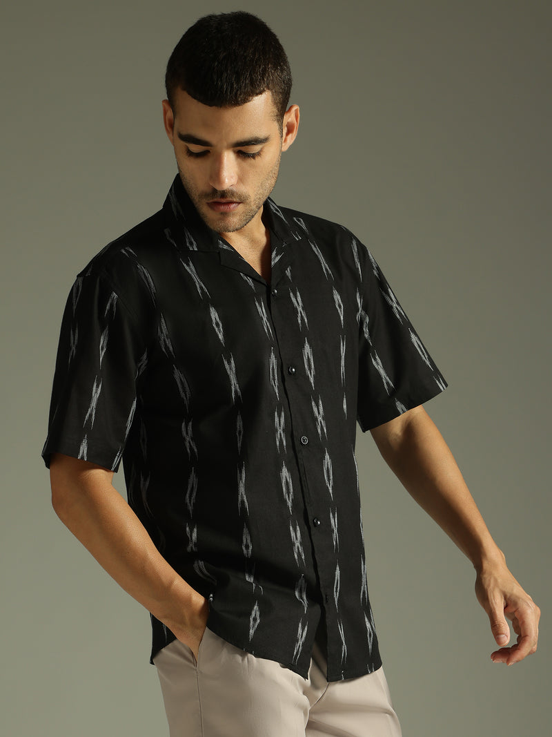 Black: Ikat Embroidered Casual Shirt