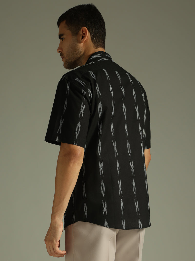 Black: Ikat Embroidered Casual Shirt