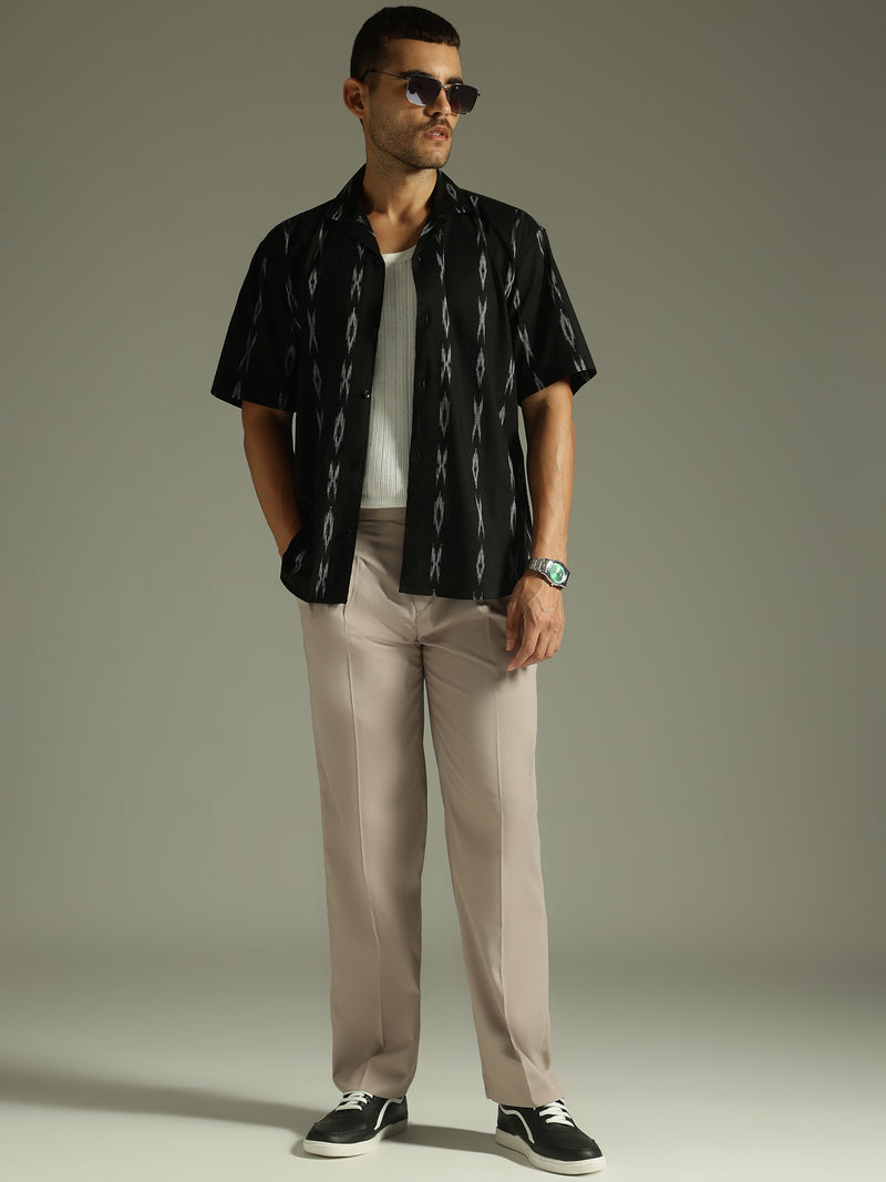 Black: Ikat Embroidered Casual Shirt