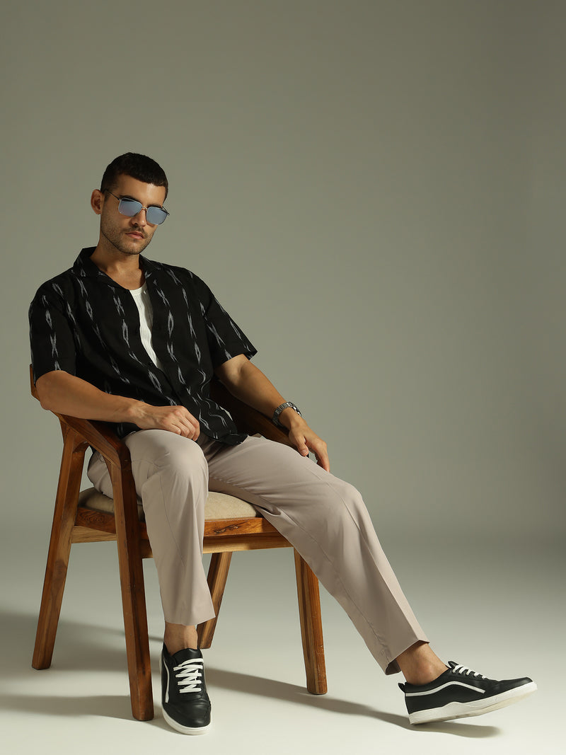 Black: Ikat Embroidered Casual Shirt