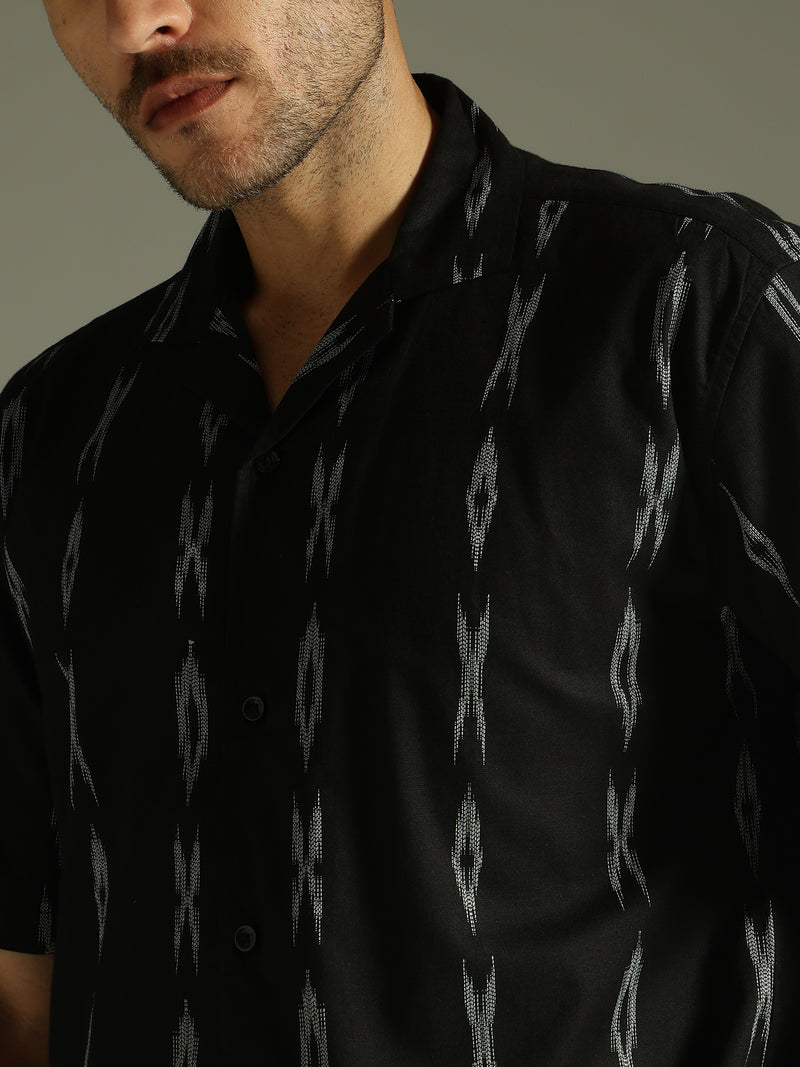 Black: Ikat Embroidered Casual Shirt