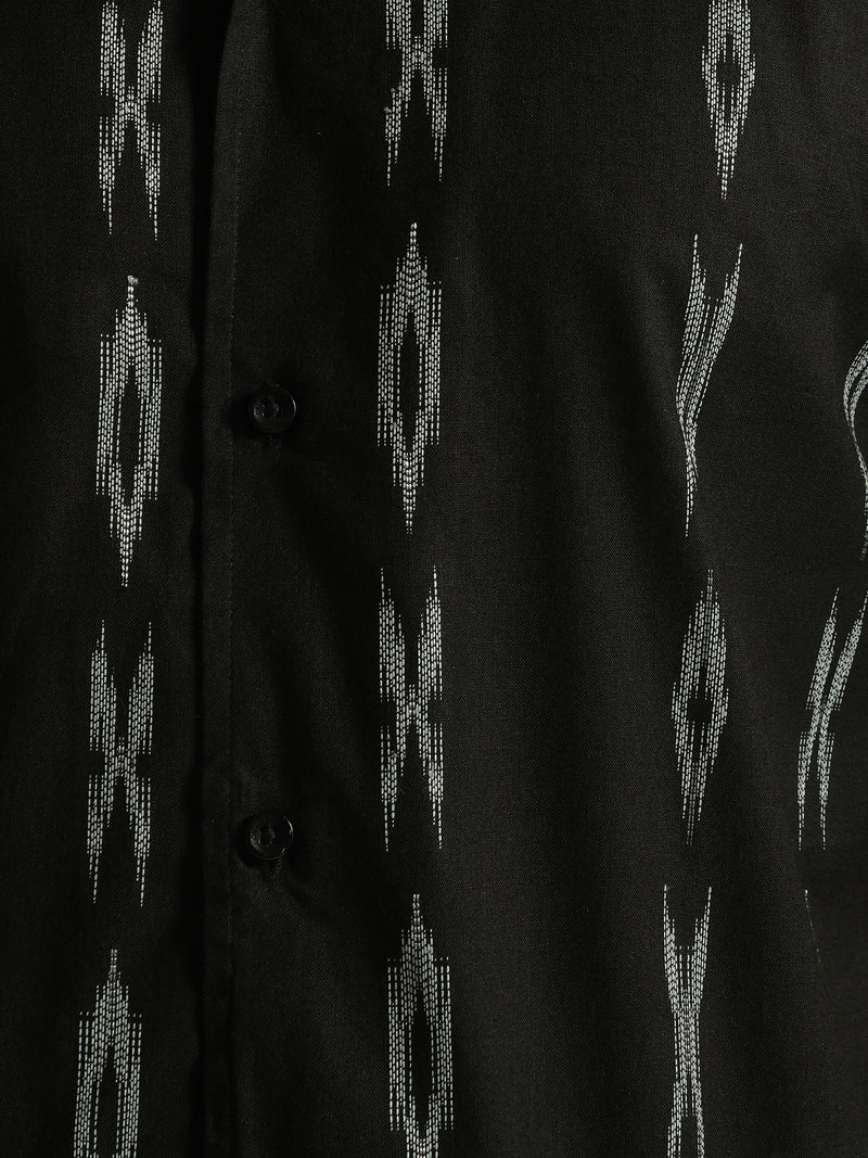 Black: Ikat Embroidered Casual Shirt