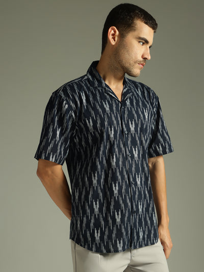 Blue: Ikat Embroidered Oversized Casual Shirt