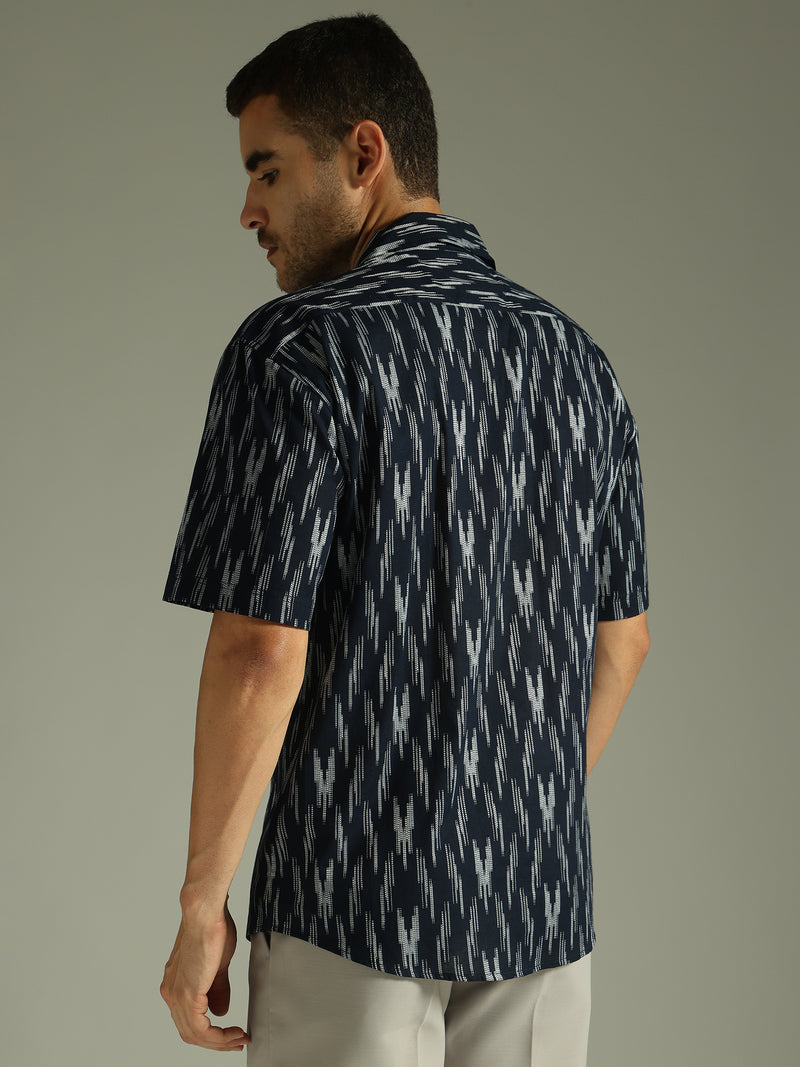 Blue: Ikat Embroidered Oversized Casual Shirt