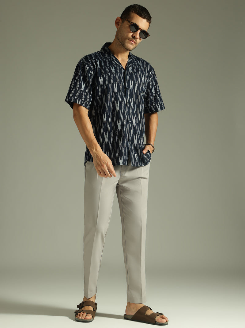 Blue: Ikat Embroidered Oversized Casual Shirt