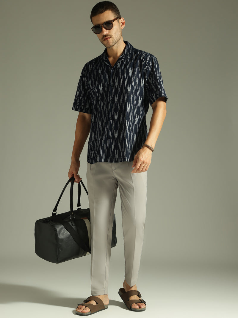 Blue: Ikat Embroidered Oversized Casual Shirt