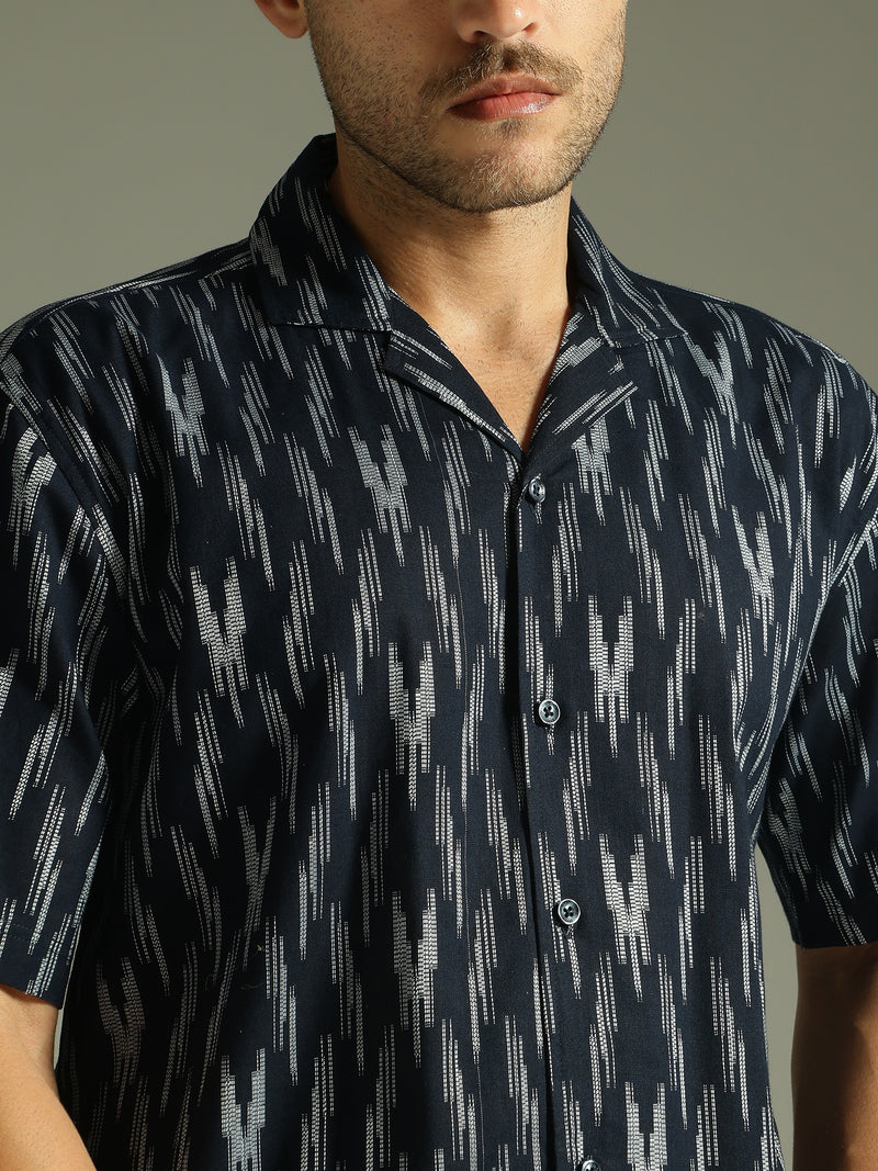 Blue: Ikat Embroidered Oversized Casual Shirt