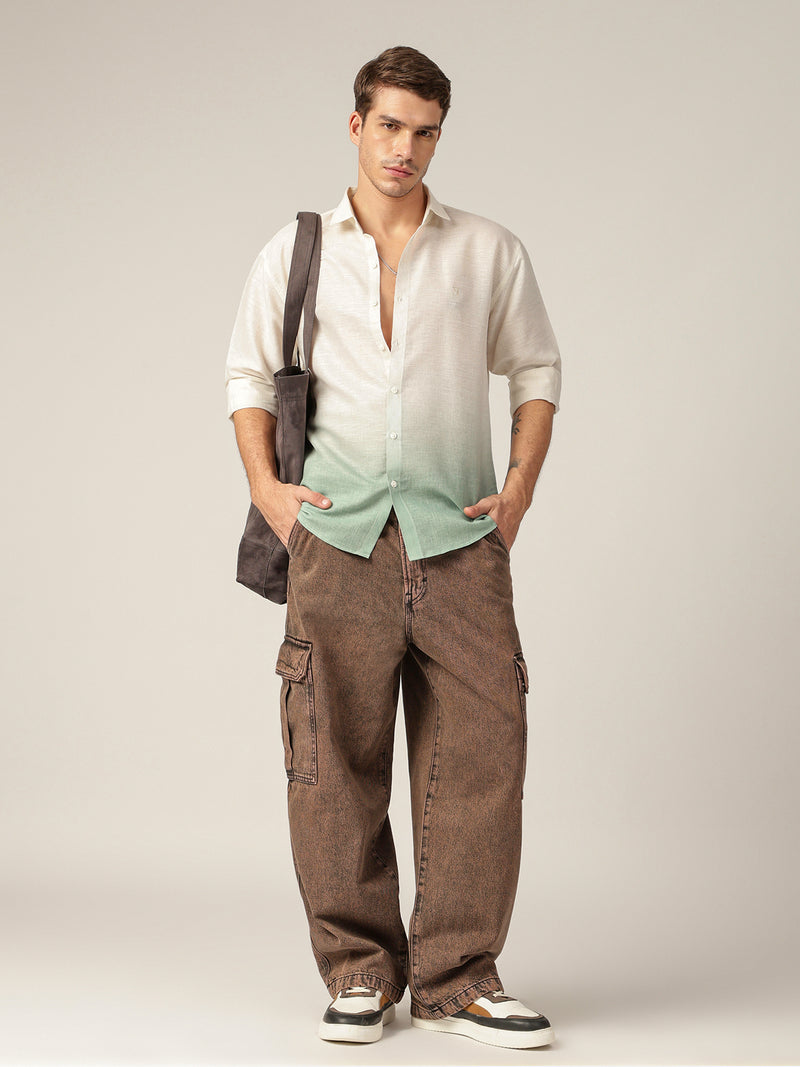 Off White & Green: Ombre Relaxed Fit Casual Shirt