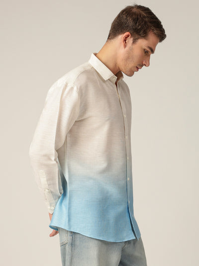 Off White & Blue: Ombre Relaxed Fit Casual Shirt