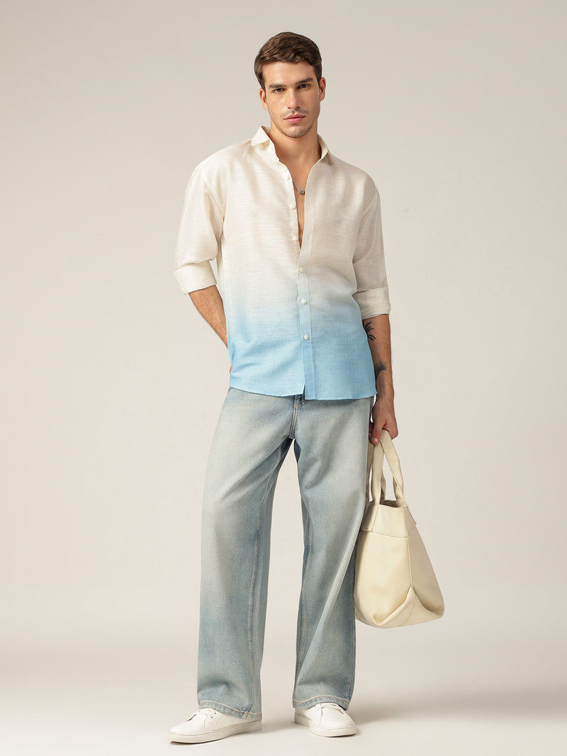 Off White & Blue: Ombre Relaxed Fit Casual Shirt