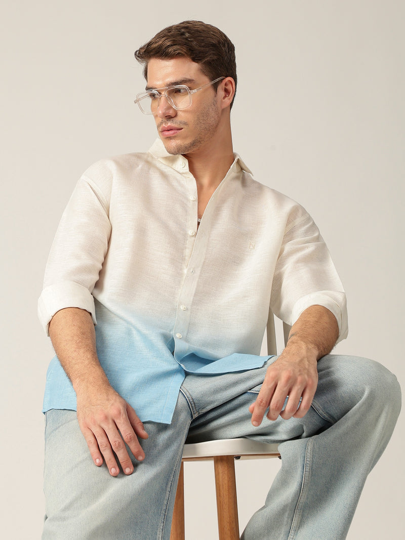 Off White & Blue: Ombre Relaxed Fit Casual Shirt