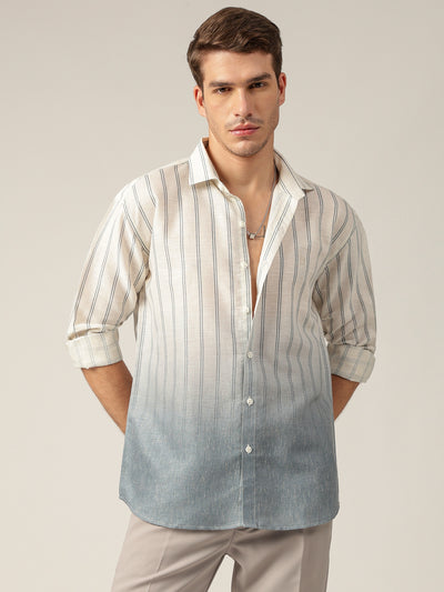 Off White & Blue: Striped Ombre Relaxed Fit Casual Shirt