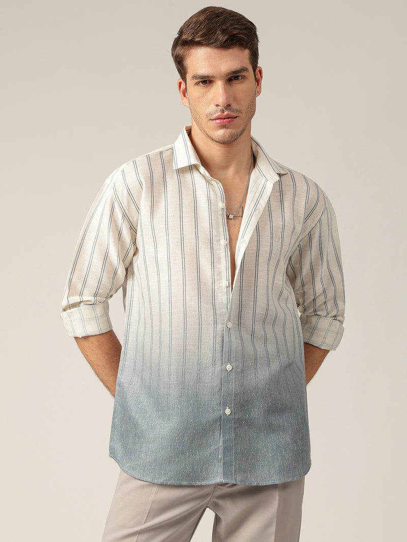 Off White & Blue: Striped Ombre Relaxed Fit Casual Shirt