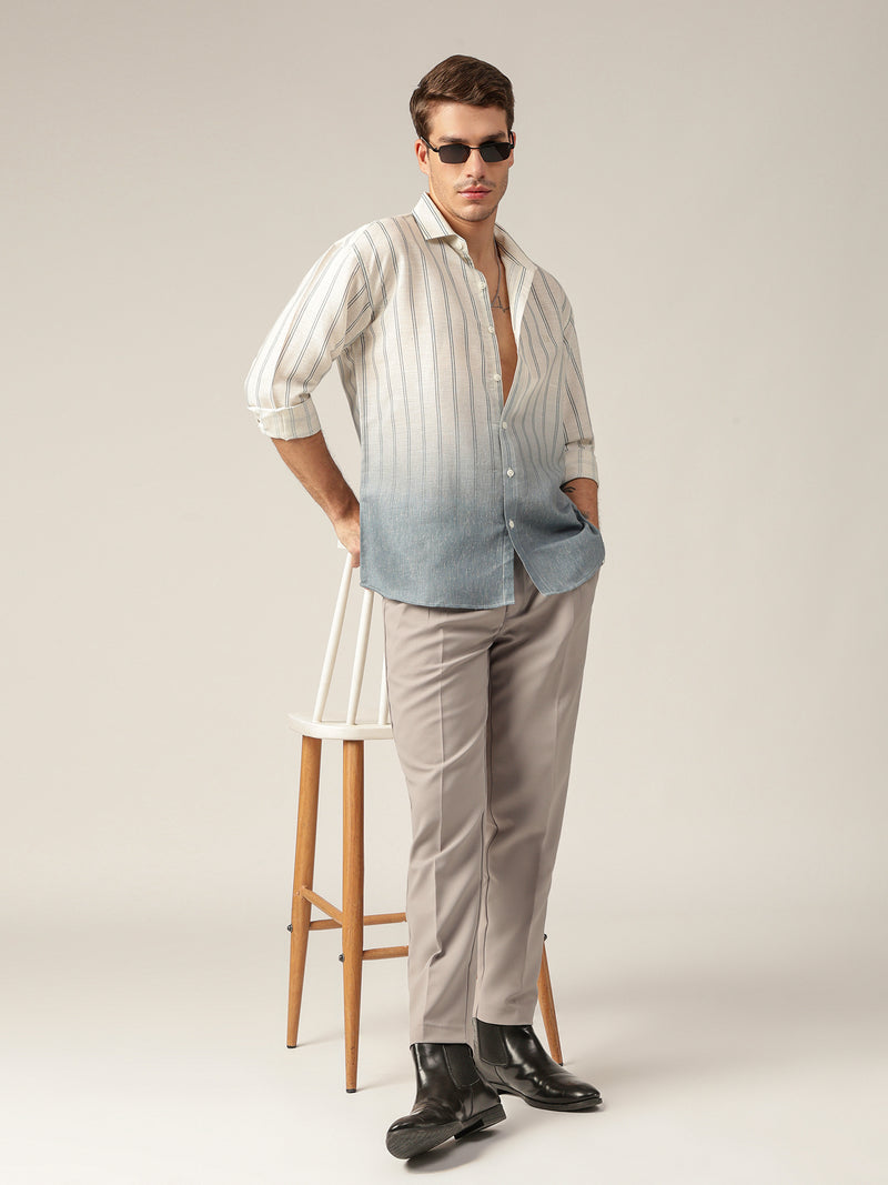 Off White & Blue: Striped Ombre Relaxed Fit Casual Shirt