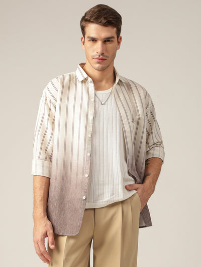Off White & Light Brown: Striped Ombre Relaxed Fit Casual Shirt