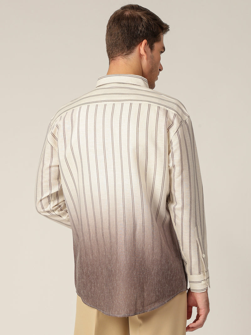 Off White & Light Brown: Striped Ombre Relaxed Fit Casual Shirt