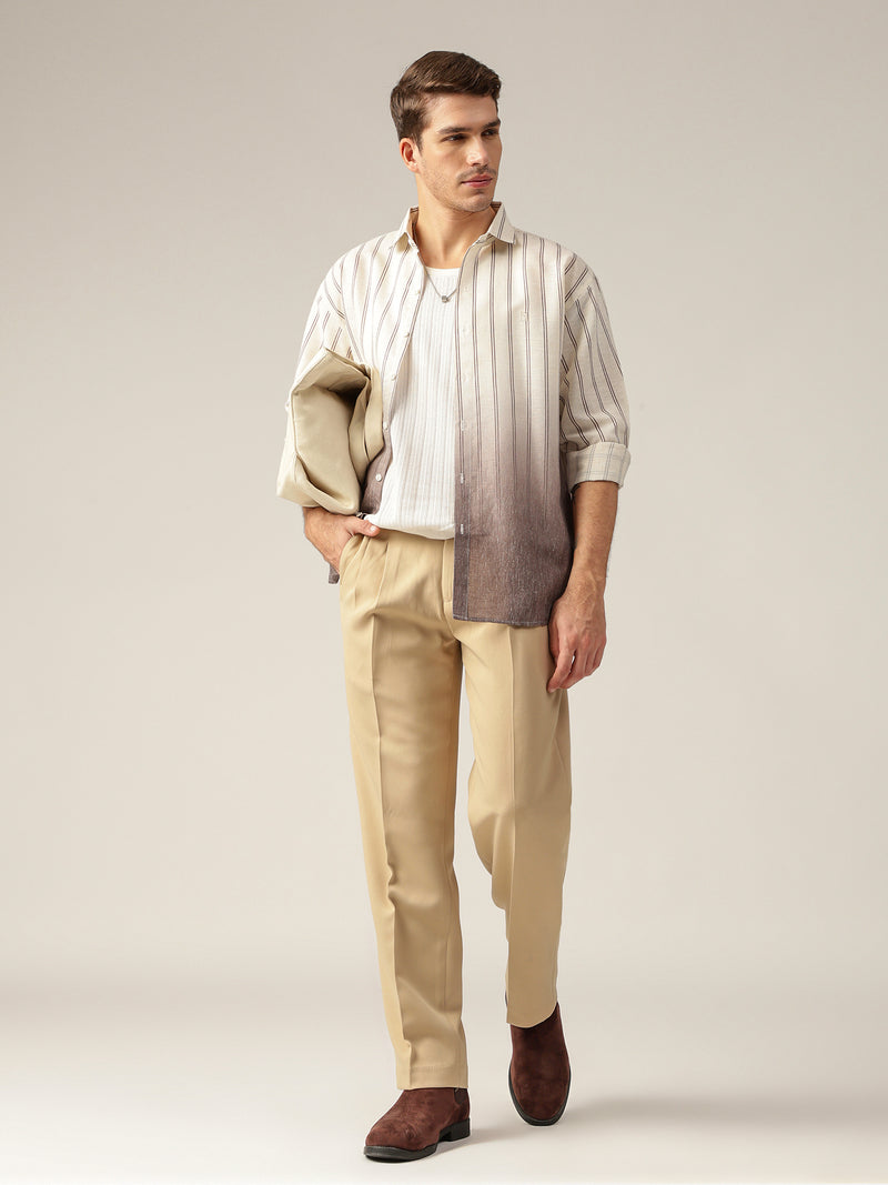 Off White & Light Brown: Striped Ombre Relaxed Fit Casual Shirt