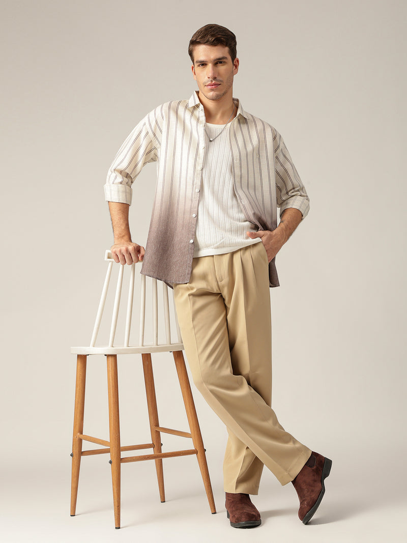 Off White & Light Brown: Striped Ombre Relaxed Fit Casual Shirt