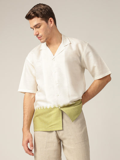 Off White & Green: Colourblocked Drop-Shoulder Oversized Casual Shirt
