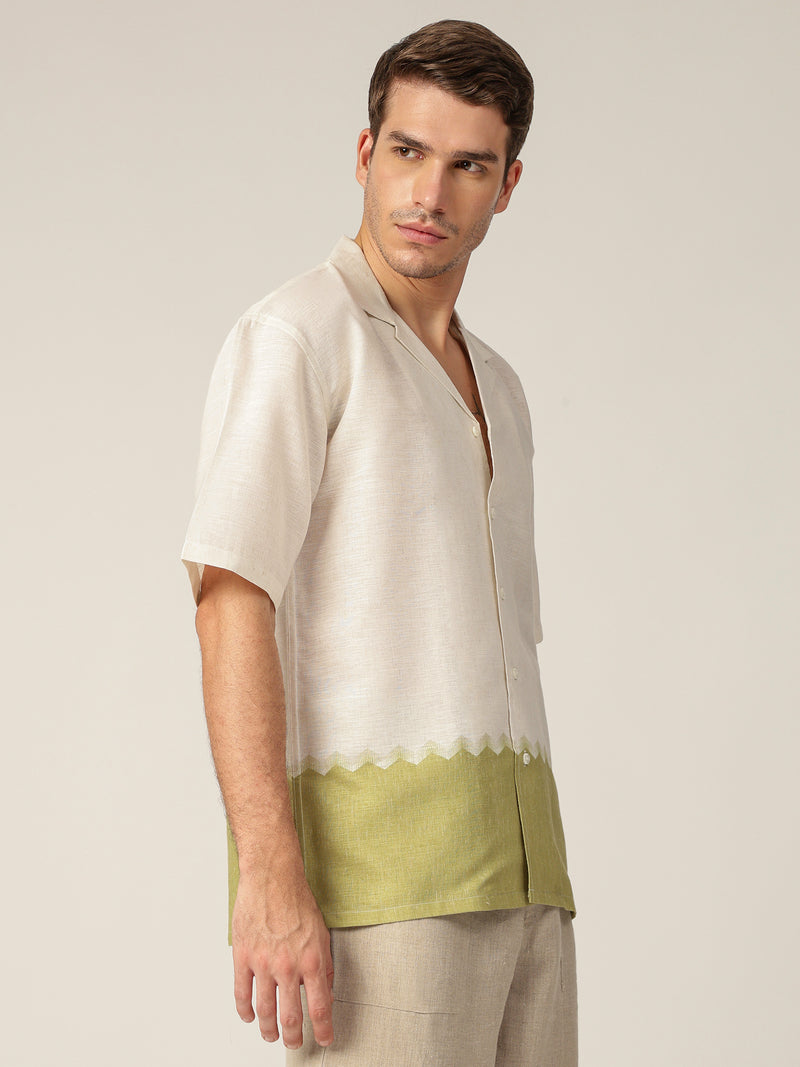 Off White & Green: Colourblocked Drop-Shoulder Oversized Casual Shirt