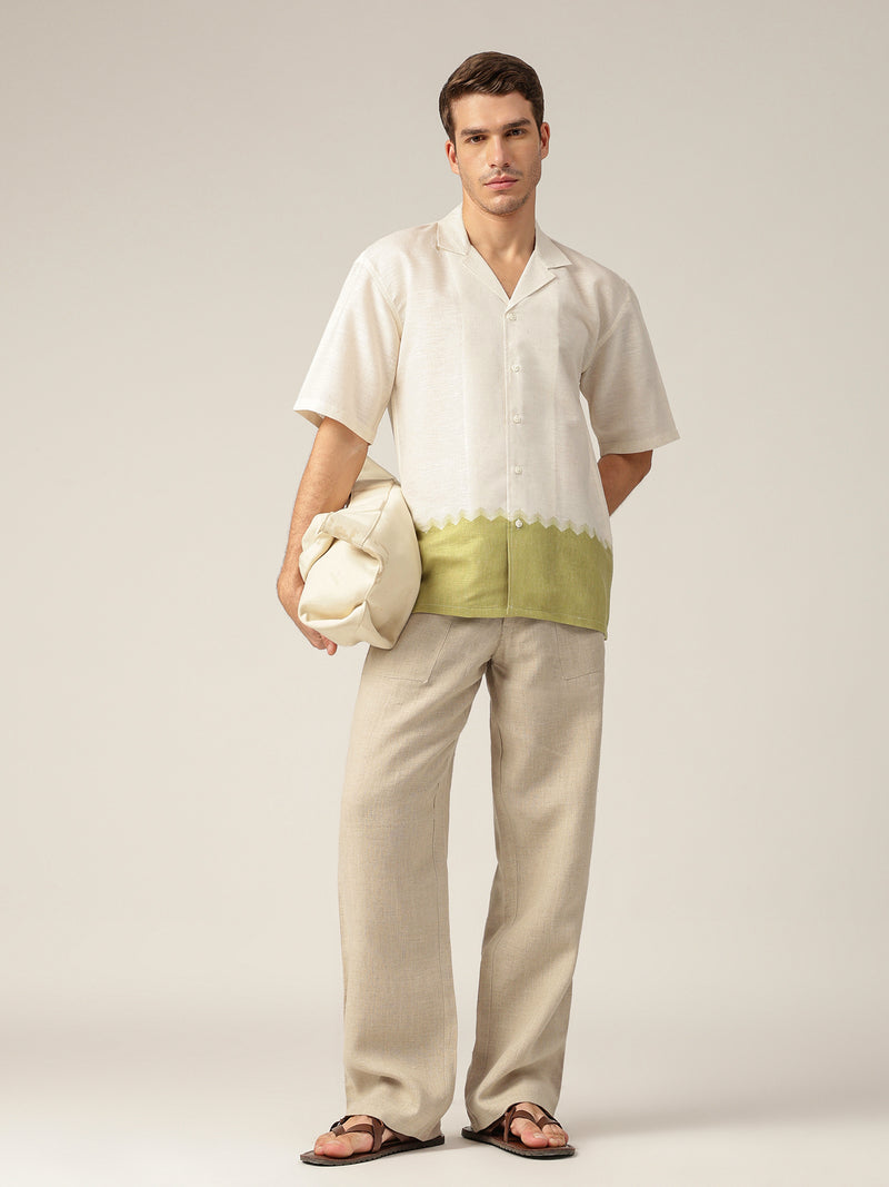 Off White & Green: Colourblocked Drop-Shoulder Oversized Casual Shirt
