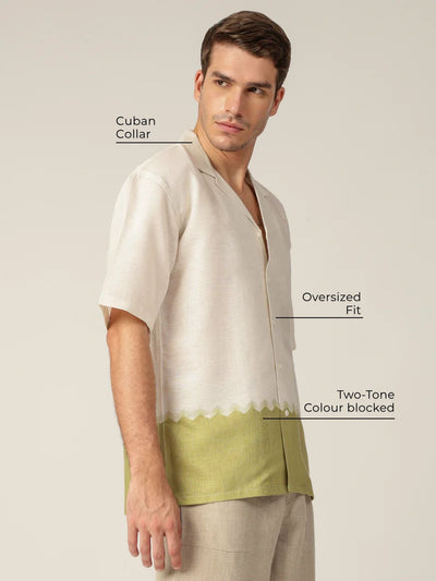 Off White & Green: Colourblocked Drop-Shoulder Oversized Casual Shirt