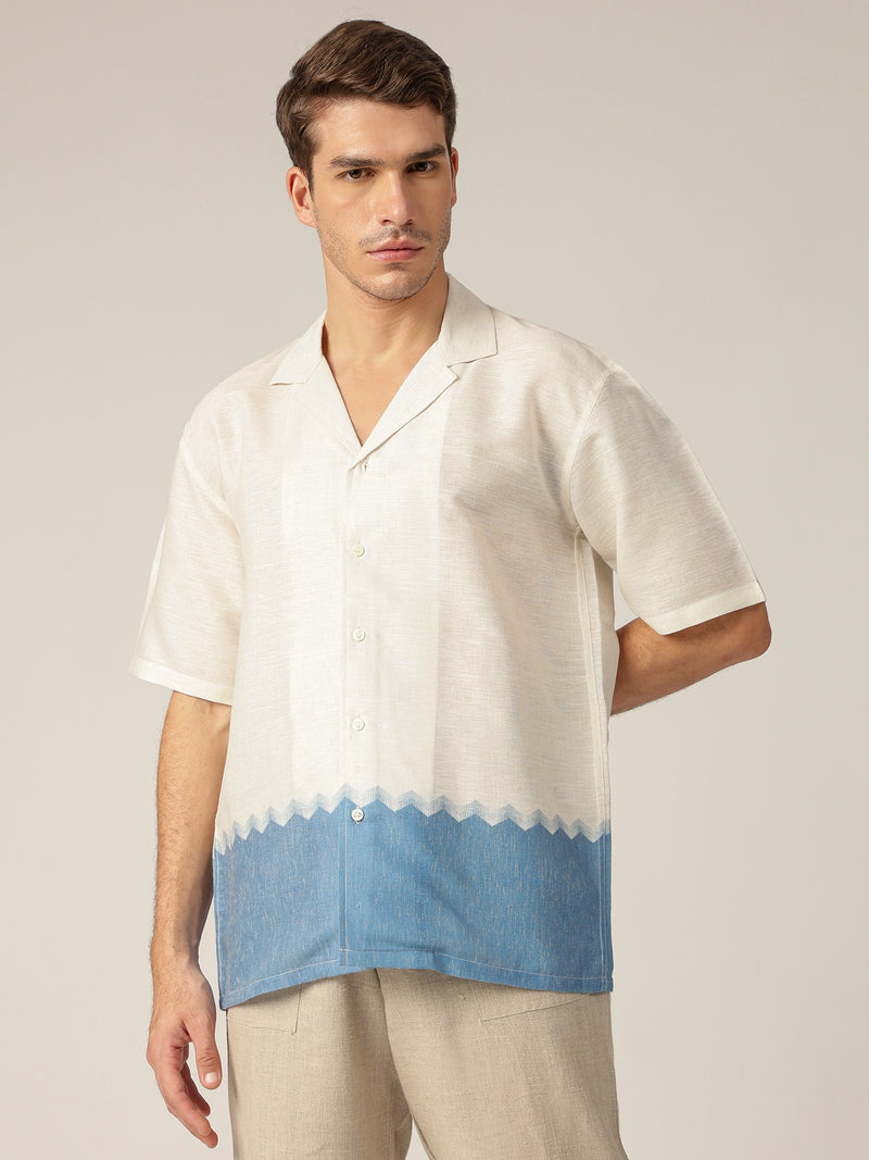 Off White & Blue: Colourblocked Drop-Shoulder Oversized Casual Shirt