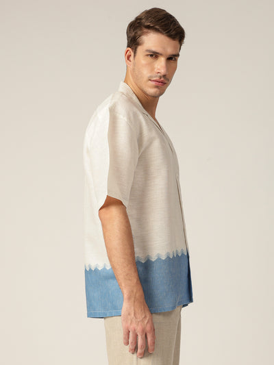 Off White & Blue: Colourblocked Drop-Shoulder Oversized Casual Shirt