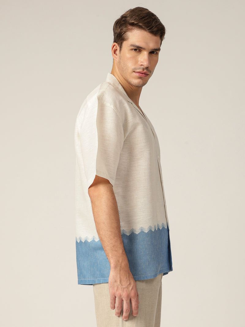 Off White & Blue: Colourblocked Drop-Shoulder Oversized Casual Shirt