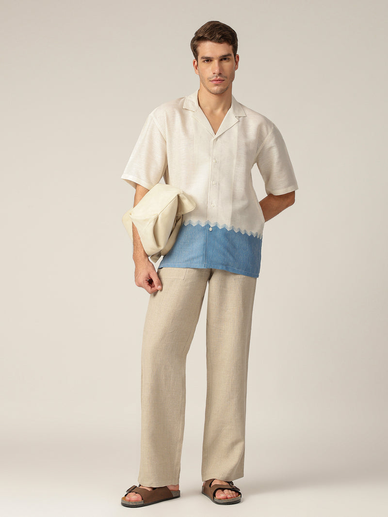 Off White & Blue: Colourblocked Drop-Shoulder Oversized Casual Shirt