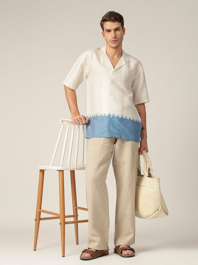 Off White & Blue: Colourblocked Drop-Shoulder Oversized Casual Shirt
