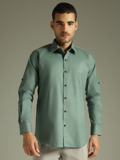 Olive Green: Spread Collar Casual Shirt