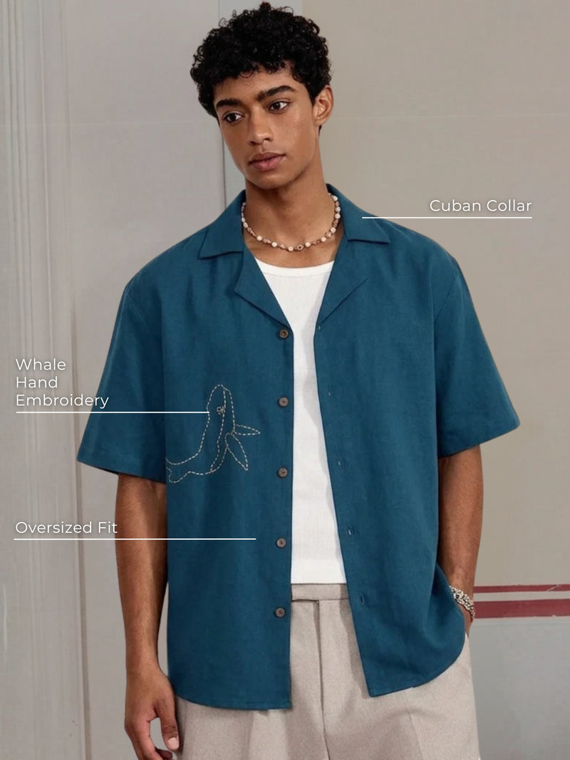 Bird Embroidery Cuban Collar Shirt
